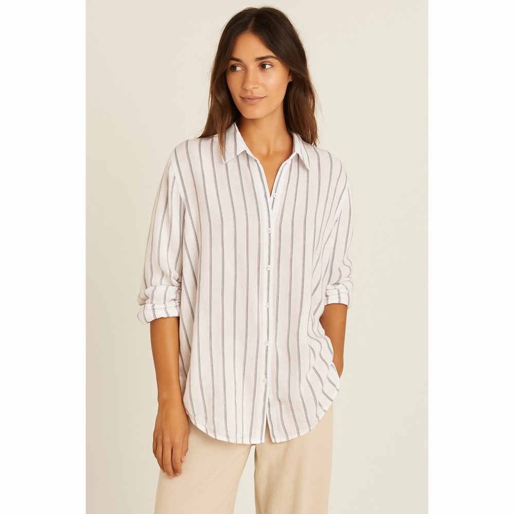 Chico's | Monterey Stripe Islander Linen Button Down Relaxed Casual Shirt